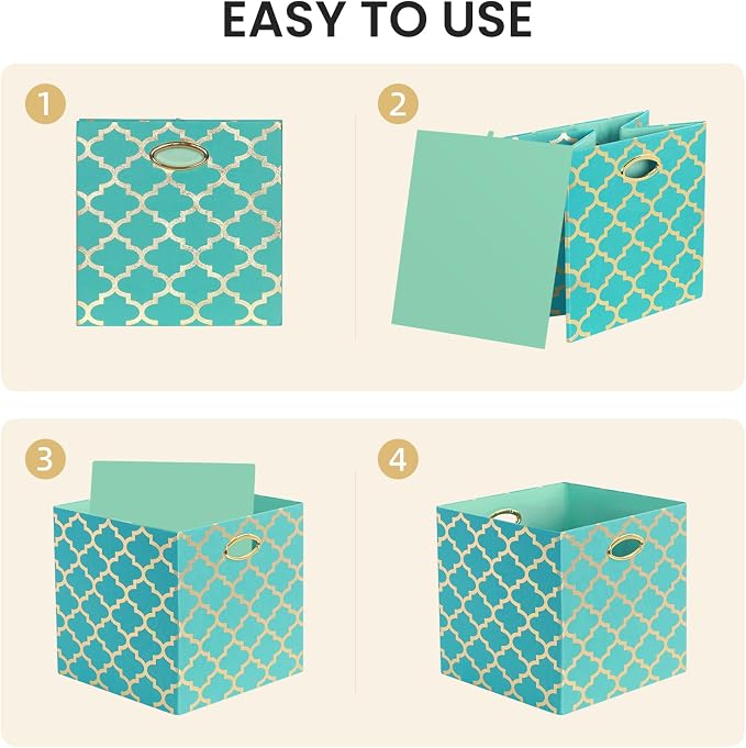 Posprica 13x13x13 Storage Cube Bins, Collapsible Storage Bins Fabric Storage Cubes Organizer Baskets Box Drawers for Shelves, Closet, Wardrobe, Bookshelf, Cabinet, Sky Blue/Gold Lantern, 4 Pack