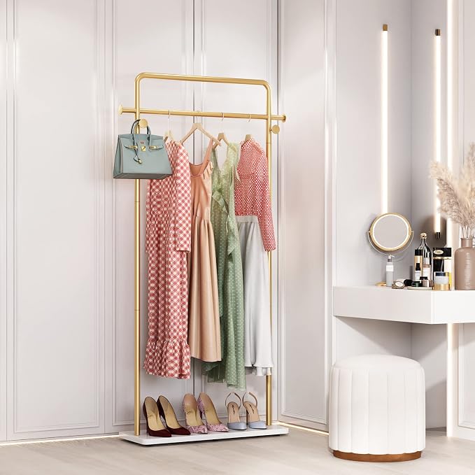 TIEOU Gold Coat Racks with Shelf, Heavy Duty Gold Clothing Racks for Boutiques, Free-Standing Metal Garment Rack for Hanging Clothes, Modern Clothes Rack Entryway