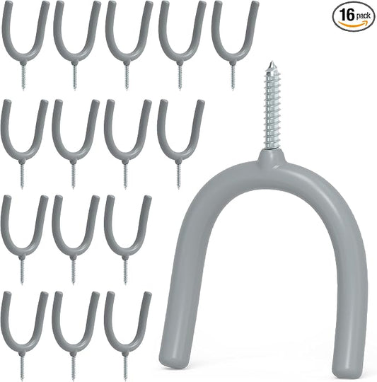 POETISKE Screw in U Utility Hooks Wall Mount Garage Storage Organizer Hanger Hanging Shovels Broom Guitar Garden Tools Heavy Duty Vinyl Holder 16pack