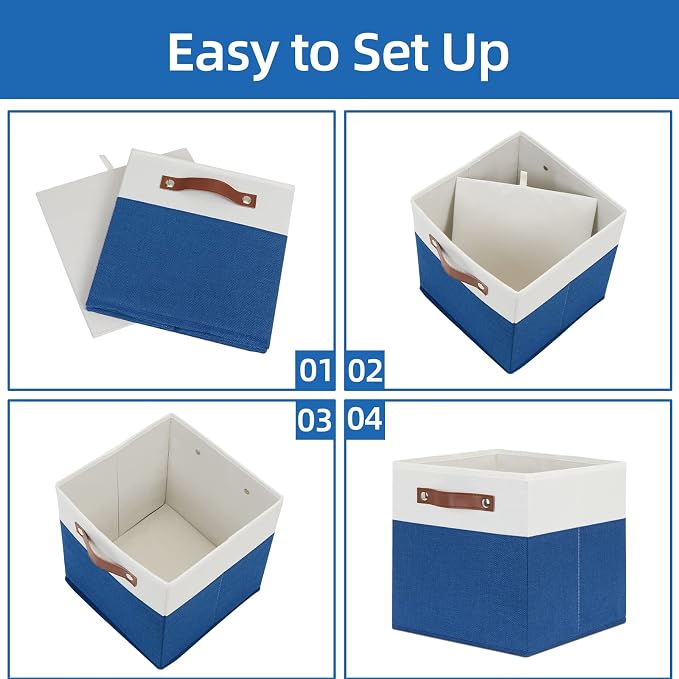 Temary 11 Storage Cube Bins for Shelves, Closet - 4 Pack Fabric Baskets With Leather Handles (White & Blue)