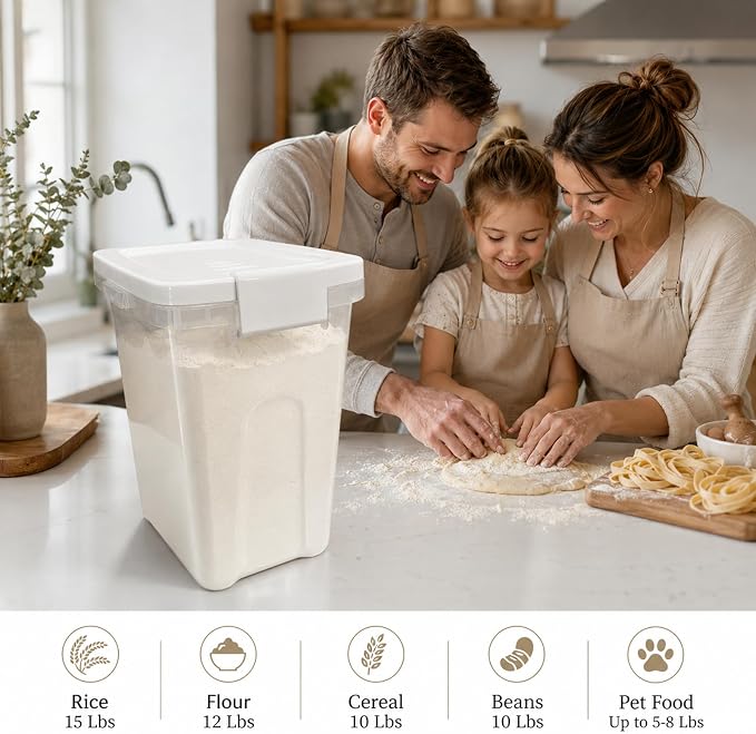 Rice Storage Container 10-15 Lbs, Airtight Flour Dry Food Bin with Scoop | Tight-Lock, Food-Grade Plastic Food Storage Container Dispenser for Cereal, Sugar, Kitchen, Pantry Organizers and Storage