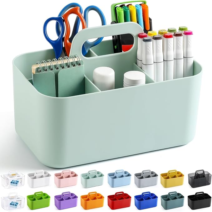 Multiuse Caddy Organizer with Handle, Portable Divided Plastic Tote Bin - Art Craft, Stationary Pen Marker Crayons, Makeup Hair Supplies Storage - Bathroom, Classroom, Dorm, Office, Desk Holder - Mint