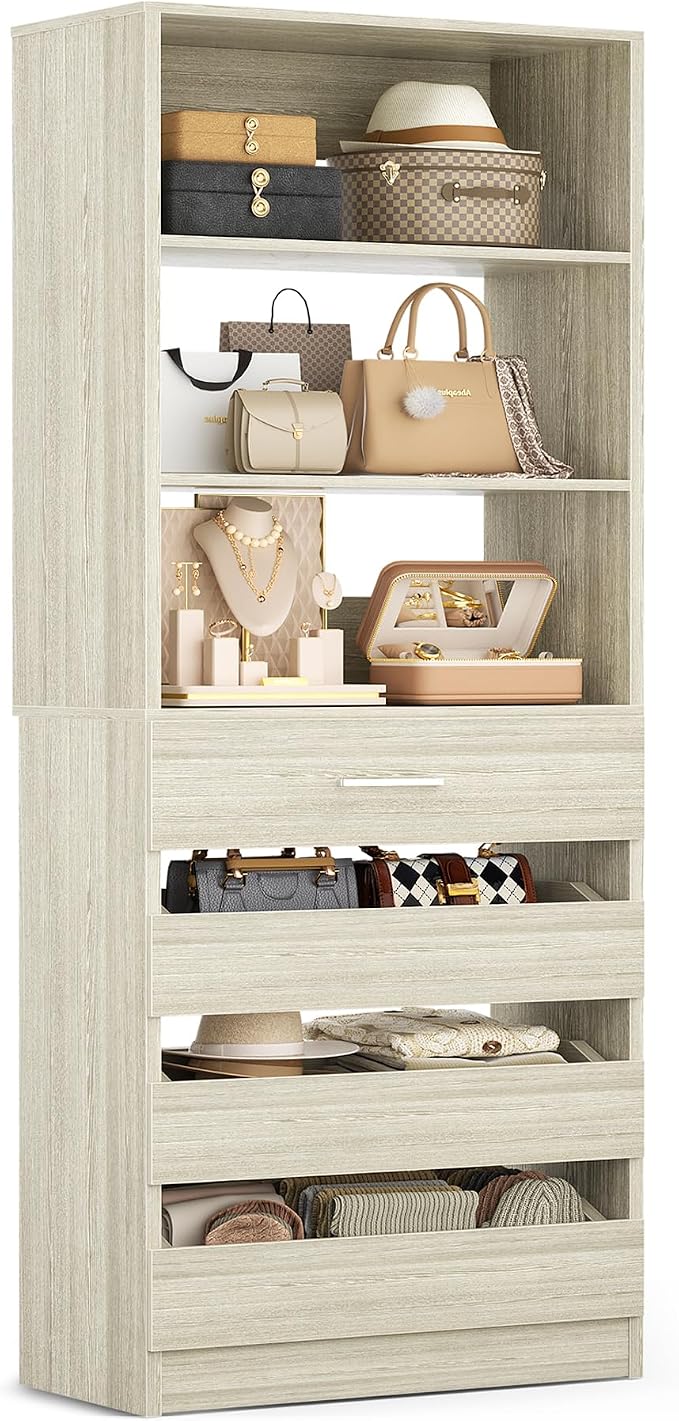 Aheaplus 21.3" Closet System with 4 Drawers, Wood Closet Organizer with Open Shelves, Modular Drawers System Tower, Walk-in Closets Small Wardrobe Rack, Tall Storage Cabinet Unit, White Oak
