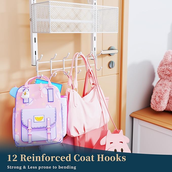 Consumest Over The Door Hooks Organizer - 4 Tier Door Coat Rack with 3 Baskets & 12 Hooks, Stainless Steel Towel Hanger for Bedroom, Bathroom, Living Room, White
