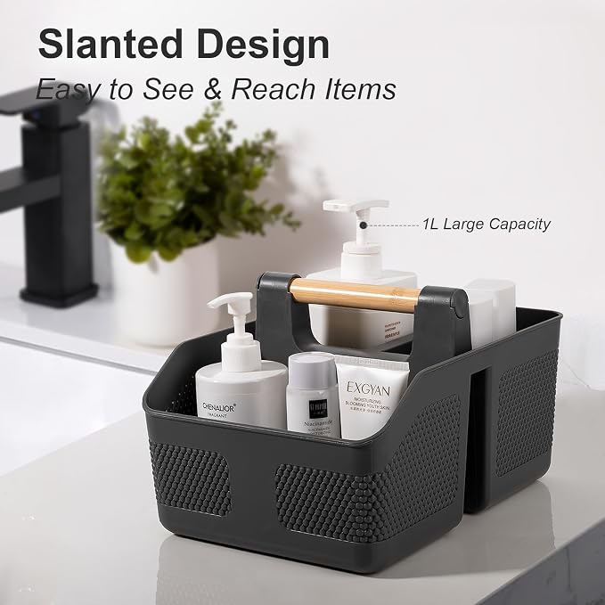 Plastic Shower Caddy Portable Shower Basket with Bamboo Handle, Dark Gray | Cleaning Caddy Organizer Storage Tote for Bathroom, College Dorm Essentials, Bath Toy Storage