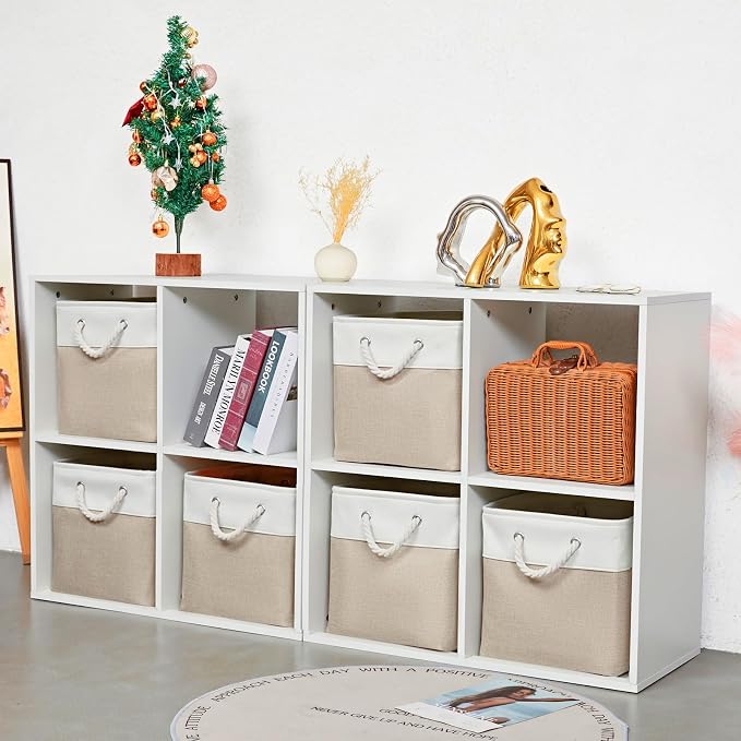 MidmmVick 12 x 12 Inch Cube Storage Bins, 6 Pack Large Collapsible Fabric Storage Bin with Ropes, Foldable Storage Cubes for Home, Office,Closet, Clothes, Toys Organizer (White & Beige)