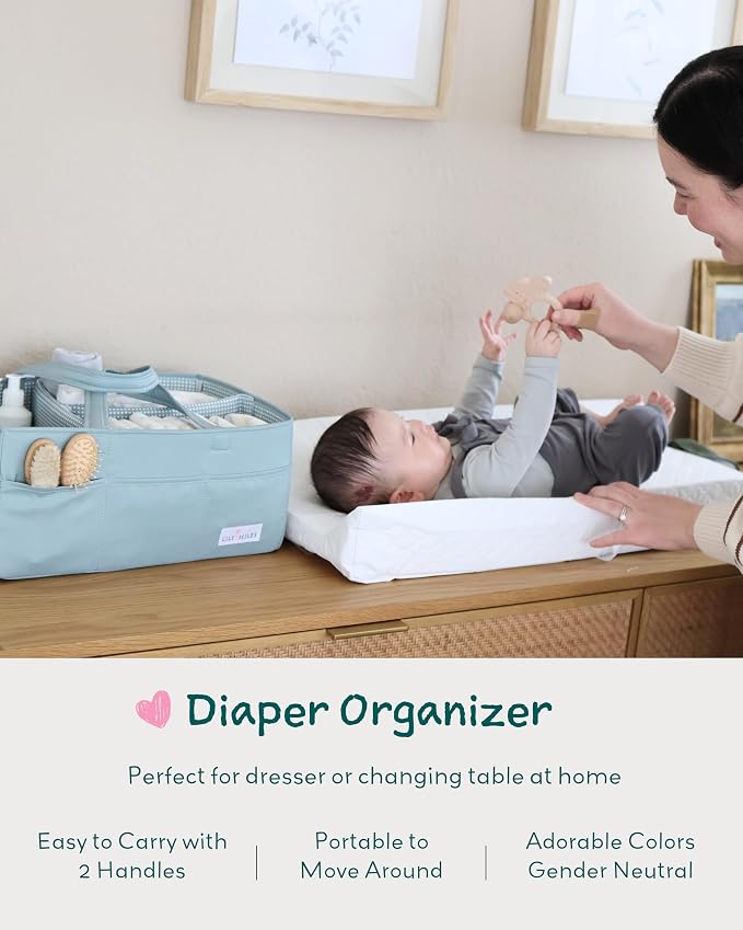 Baby Diaper Caddy Organizer, Wipeable Diaper Organizer Basket with 8 Pockets for Newborn Essentials, Nursery Tote Bag for Changing Table & Car Organization (Willow Green, Large)