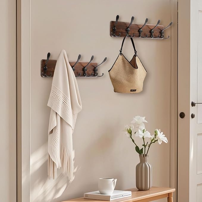 Coat Rack Wall Mount 16.8'' Rustic Hat Rack with 5 Triple Hooks Coat Hooks Wall Mount Farmhouse Wall Hooks for Hanging Coat, Bags, Towels
