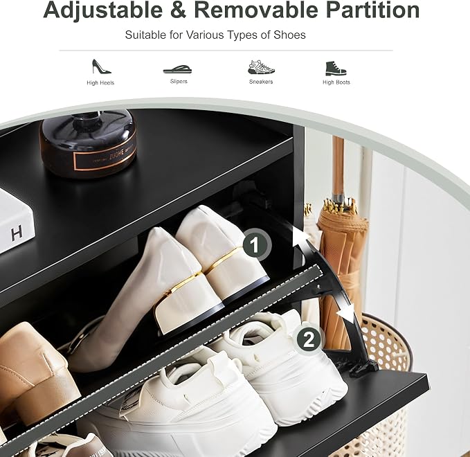 BERRYMERRY Black 47.2” Shoe Storage Cabinet with 4 Flip Drawers | narrow,entryway,adjustable feet,32 pairs shoe,shoe organize,hidden shoe rack,fluted panel,wave pattern,wood,space saving