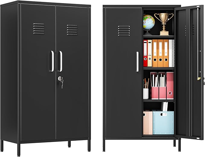 PAOFIN 47" Metal Storage Locker, Lockable Employees Metal Locker with 2 Door and Adjustable Shelves, Steel Locker for Home, School, Office, Gym (Black)