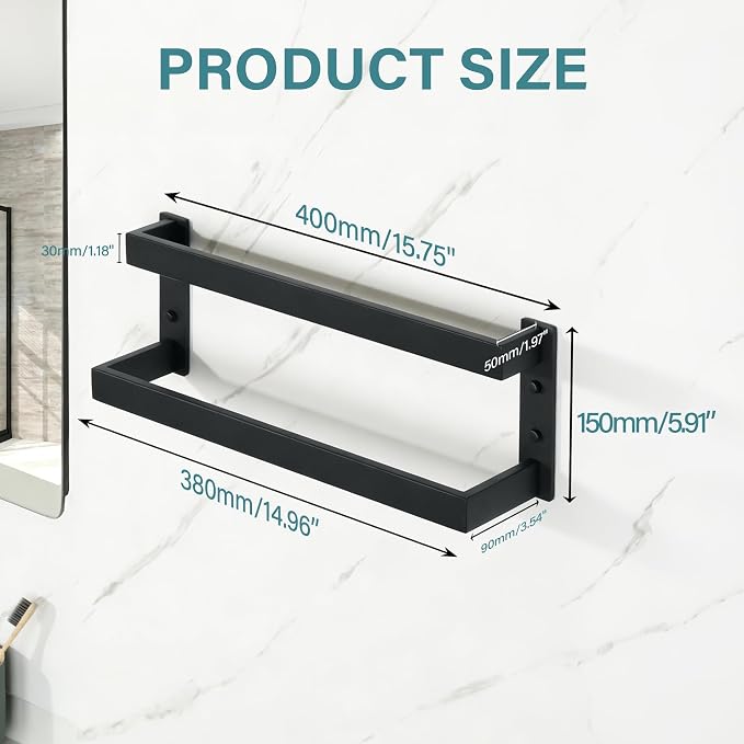 Alise Double Towel Bar, 16" Double Towel Racks for Bathroom, Matte Black | Bathroom Towel Rack Wall Mounted, 3.54" Wide Faster Drying, Ladder Design, SUS304 Stainless Steel