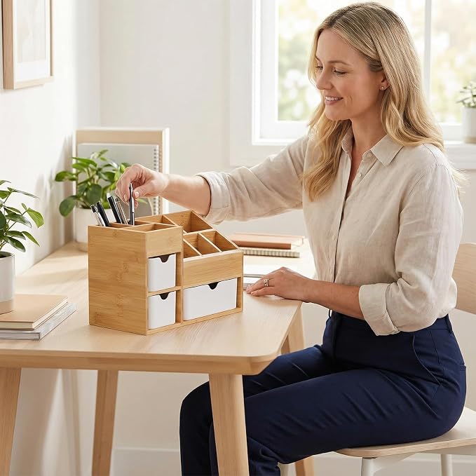 Bamboo Makeup Organizer, 11.5x5.4in | 3 Drawers, Dresser Cosmetic Organizer Box, Bamboo Desk Organizer for Home, Adjustable Dividers