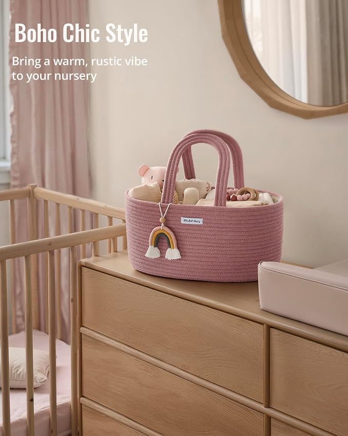 Blissful Diary Baby Diaper Caddy Organizer, Cotton Rope Diaper Caddy Basket, Oval Storage Basket, Gift for Baby Shower, Newborn Essentials, Pink