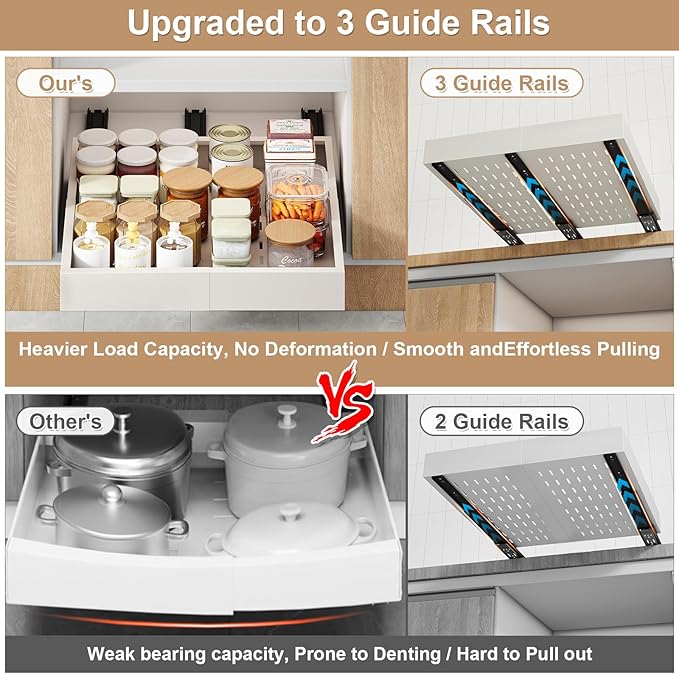 Pull out Cabinet Organizer,Width (16"-21") and Depth (13"-17") Expandable With 3 Rails,No Drill Adjustable Slide out Drawers for Kitchen,Pantry,Adhesive Roll out Shelves,for Cabinets Without Lip,White