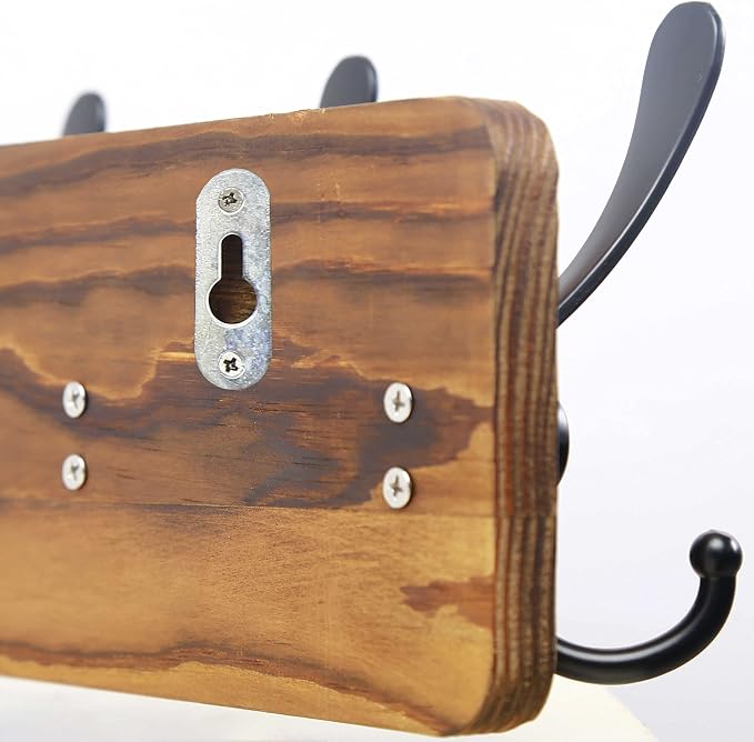 SKOLOO Rustic Coat Rack Wall Mount, 16" Stud Spacing, Solid Wood, Brown | Farmhouse style, 5 Triple Hooks, 100lbs capacity, for backpack jacket coat hat, wall mount, hardware included,rustproof hooks