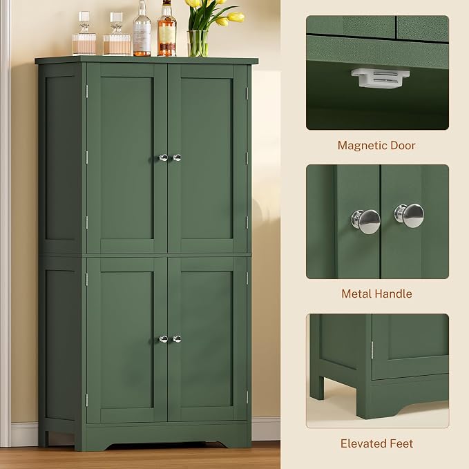 51" H Pantry Cabinet with 4 Doors, Kitchen Cabinet with 6 Door Shelves, Kitchen Pantry for Living Room, Dining Room, Bathroom, Green