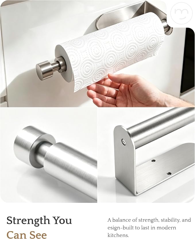 Paper Towel Holder Under Cabinet Adhesive or Drilling Silver | Drill Wall Mount or Adhesive, Easy Roll Loading, Heavy Duty, Stainless Steel Paper Towel Roll Rack for Kitchen, Bathroom