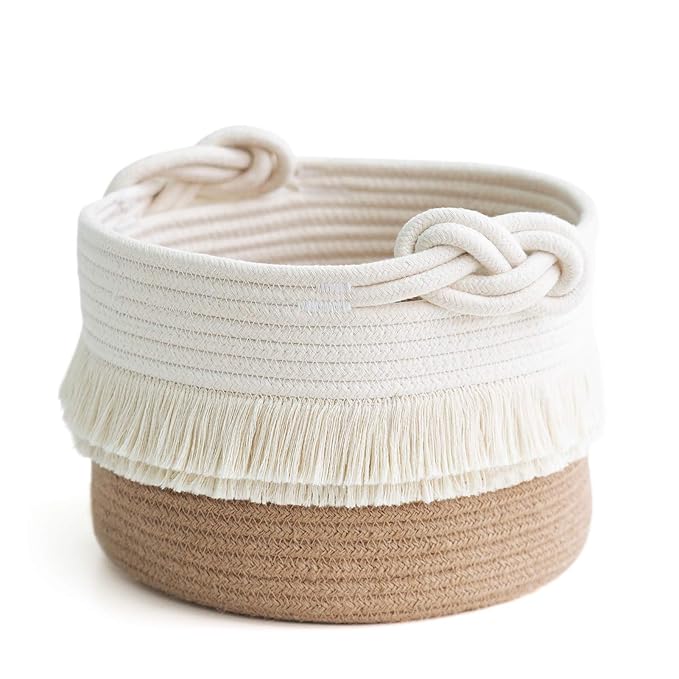 CherryNow Small Woven Rope Baby Basket with Tassel, 9.5" x 7", Jute | Cute Storage Basket for Baby Shower, Toys & Daily Essentials, Fits Nursery Living Room Decor, with Knotted Handles