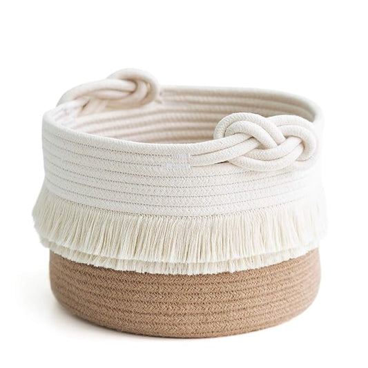 CherryNow Small Woven Rope Baby Basket with Tassel, 9.5" x 7", Jute | Cute Storage Basket for Baby Shower, Toys & Daily Essentials, Fits Nursery Living Room Decor, with Knotted Handles