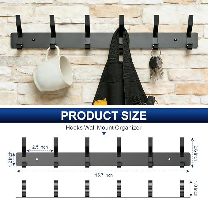 Wall Mounted Coat Rack, 6 Hooks for Hanging Clothes, Black, 2-Pack | Heavy duty rustproof hanger rail for backpacks hats towels, wall hook storage organizer for entryway bathroom mudroom purse