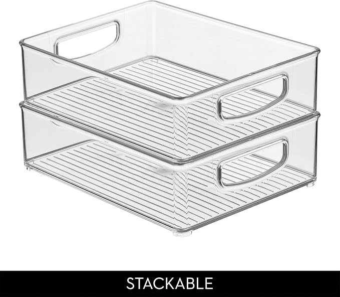 iDesign Plastic Stackable Pantry Bin, Set of 4, Clear | Organizer Bin with Handles, For Cabinets or Fridge