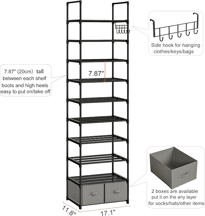 Tall Shoe Rack Narrow 10 Tier Shoes Rack 20 25 Pairs + 2 Boxes 1 Hook | Shoe Storage Organizer for Closet, Entryway, Living Room,Sturdy Metal Shoe Shelf Shoe Stand Closet Organizers and Storage