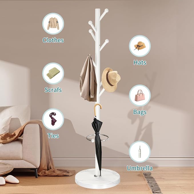 OIRUMIE Coat Rack,Metal Coat Rack Frestanding,White Coat Stand for Entryway | Coat Rack Stand with Marble Base & Umbrella Holder,Modern Coat Hanger Stand,Coat Clothes Tree Stand for Hallway