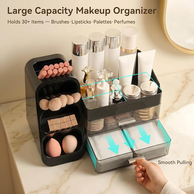 Makeup Organizer for Vanity with Brush Holder and 2 Drawers, Black | Large-Capacity Makeup Holder Organizes Skincare, Cosmetics and Daily Beauty Products for Tidy Vanity and Bathroom Counters