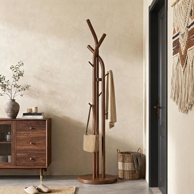 Solid Wood Coat Rack Freestanding Wood Coat Tree Rack with 9 Hooks, Creative Tree-Shaped Design, Standing Coat Rack Clothes Hanger Stand with Sturdy Base for Entryway, Bedroom - Load 300lb (Walnut)