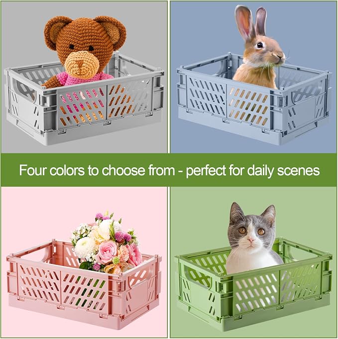 HUUSMOT 4-Pack Small Collapsible Plastic Storage Baskets, 9.8"x6.5"x3.8" | Pastel, Space-Saving, Collapsible Plastic Bins, Cute Mini Storage Crates, for Classroom, Kitchen, Office, Bedroom