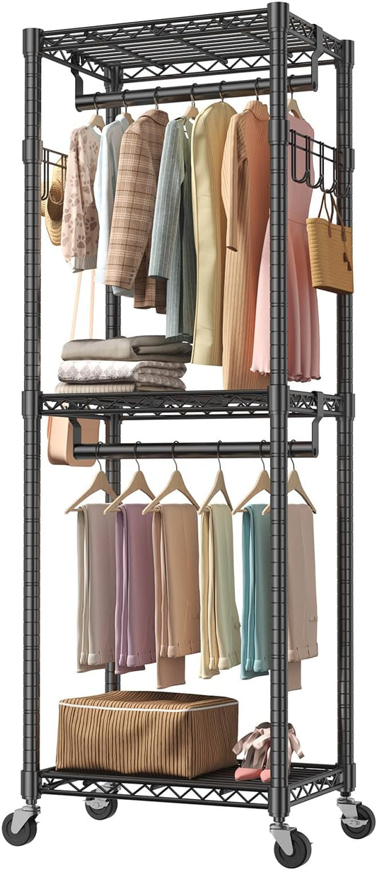 OLIXIS Rolling Clothes Rack, Heavy Duty Garment Rack, 23 IN, Metal Black | Adjustable Closet Organizer for Hanging Clothes, Portable Closet with 2 Side Hooks