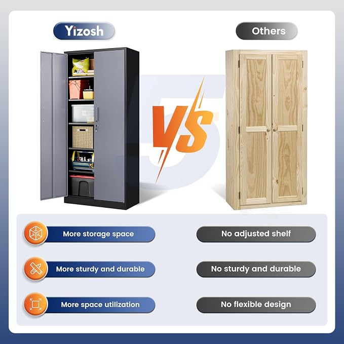Yizosh Metal Storage Cabinet with Locking Doors and 5 Adjustable Shelves, 72" Garage Storage Cabinet Steel Lockable for Office,Home,Garage
