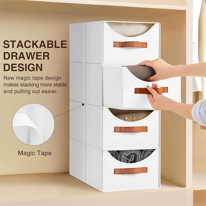 Homsorout Stackable Storage Drawers - Collapsible Storage Bins with Drawers, 6 Pack Closet Shelf Organizer Basket, Fabric Pull Out Organizer for Bedroom, Living Room, Dorm, White