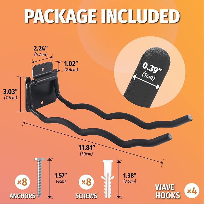 HUHOLE 4 Pack 12 Inch Wave Garage Hooks Wall Mount Hangers | Utility Organizer with 60 lb Capacity for Ladders, Shovels, Chairs, Garden Tools, Wheelbarrows, Hoses and Ropes