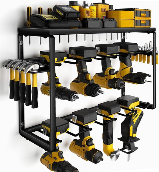 Spampur Power Tool Organizer, 8 Drill Holders Wall Mount, 3 Layer Heavy Duty Metal Storage for Garage Organization, Tools Storage with Hooks, Screwdriver Hammer Holder, Father's Day Mens Birthday Gift | Garage Organization, Tools Storage with Hooks, Sc...