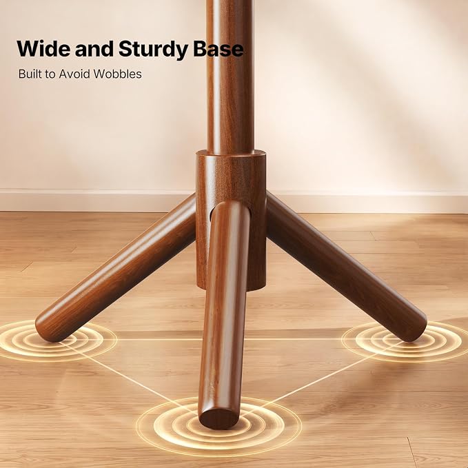 AMADA Solid Wooden Coat Rack Freestanding with 8 Hooks, Walnut | 100% solid wood, 3 height options, widened base for stability, tool-free assembly, smooth rods & hooks prevent clothing snags