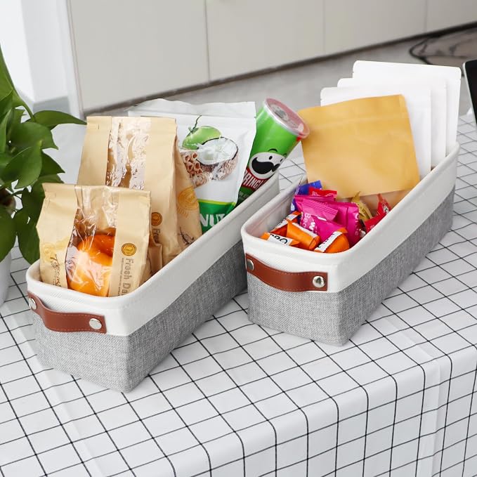 Univivi Small Narrow Fabric Storage Bins,Gray,15x6x5 inch,4 Pack | Hard Cardboard Bottom,Metal Frame,Foldable,PU Handles,Storage Baskets Organizing Small Items
