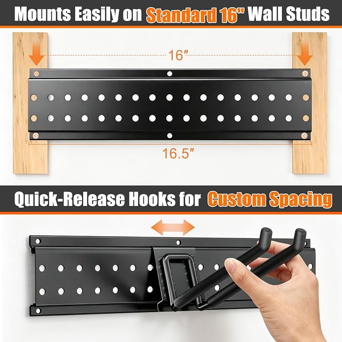 Garage Tool Organizer Wall Mount 99 inches with 18 Adjustable Heavy-Duty Hooks, Garage Organization, Garden Tool Storage Rack for Garage, Yard, and Shed, Holds Up to 750 lbs