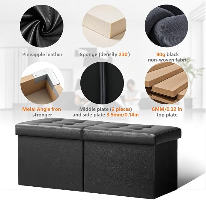 AmasSmile Footrest Ottoman Storage Bench, 34" Leather Folding Stool, Black | Large Ottoman with Storage, Thicker Foam Padded Seat, Livingroom, Dorm, Bedroom, Entryway, Easy to install,34 x 13 x 13in