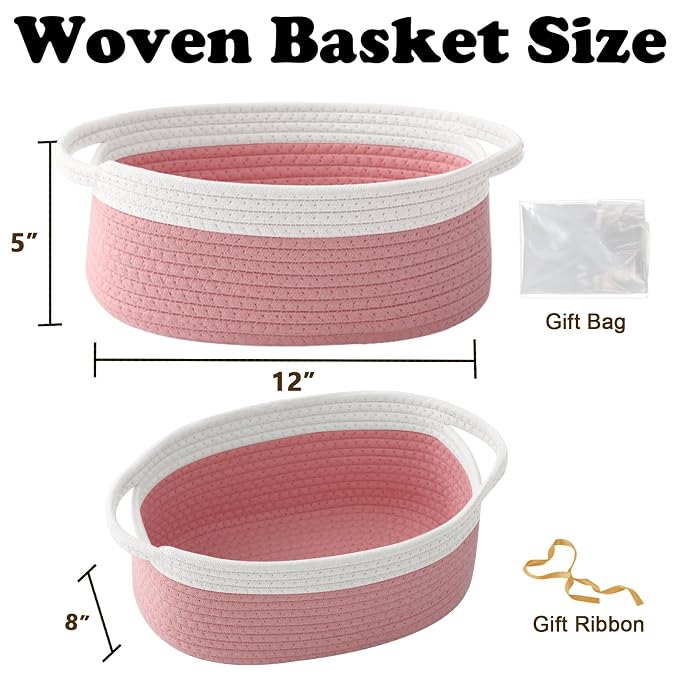 Woven Rope Basket - Baby Gift Basket with Bag & Ribbon, White&Pink | Cotton rope with handle, 12 x 8 x 5 in, gift bag and ribbon, for baby shower, birthday, toy storage, nursery, shelf decor