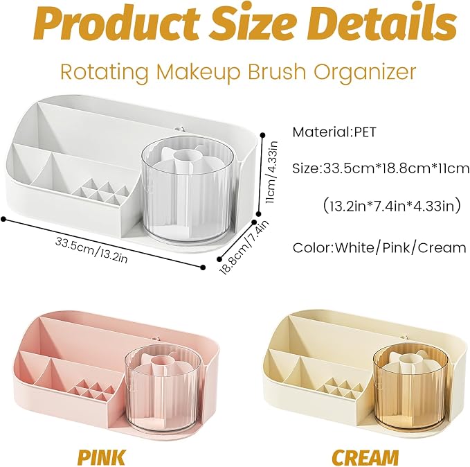DASITON Large Capacity Makeup Organizer with 360° Rotating Makeup Brush Holder, Perfume and Skincare Storage Organizers for Vanity Bathroom Countertop, Cosmetic Display Case (White, 1 Tier)