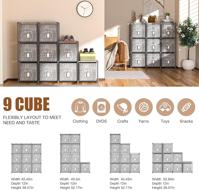 9 Cube Closet Organizer + 9 Bins + Labels | Adjustable Modular Storage Shelf, Beautiful Printed Cubby Organizer, Large Capacity, Living Room, Dorm, Yarn