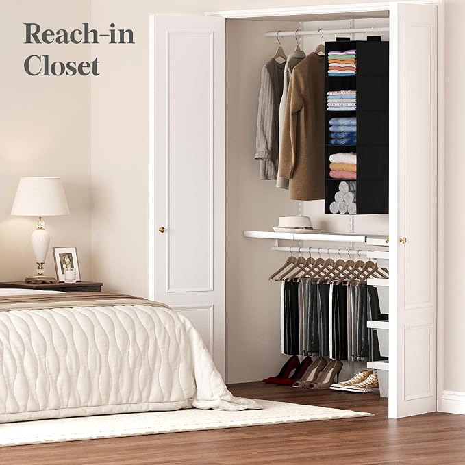 Lifewit 5 Tier Hanging Portable Closet Storage Organizer for Shelves, Black | Foldable Clothes Shelf with 2 Sturdy Hooks, Sweater/Coat/Shoes Clothing Organization for Wardrobe, Dorm, Bedroom
