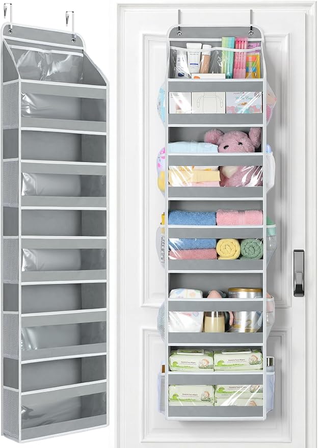 Yecaye 6 Tier Over the Door Organizer, Swing-proof Door Organizer Hanging with Clear PVC Windows, Behind the Door Storage for Bedroom Nursery Closet Laundry Pantry Bathroom, Warm Grey
