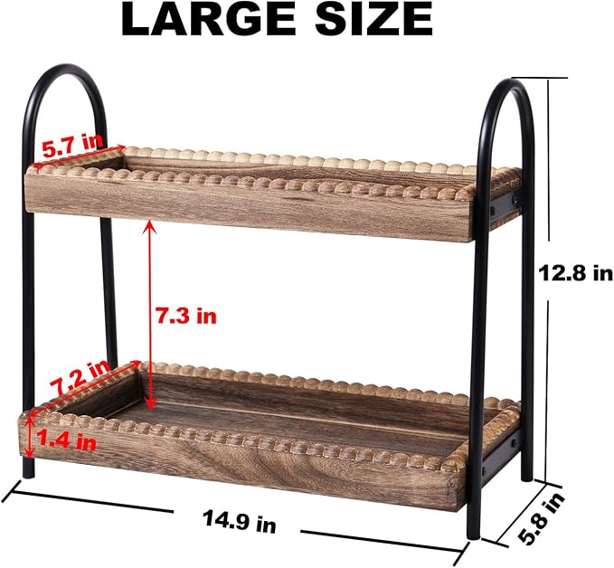 BDBDYEAY Bathroom Countertop Organizer, 2 Tier Vanity Organizer and Storage for Cosmetic Skincare Perfume, Wood Bead Storage Shelf for Bathroom Kitchen Coffee Station