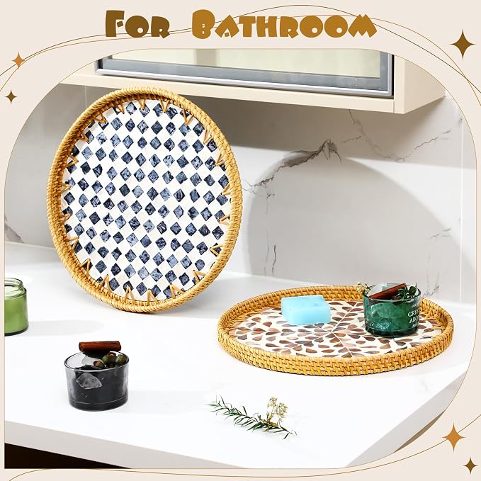 3 Pcs Round Rattan Tray with Mother of Pearl Inlay Wicker Serving Tray with Wooden Base Boho Decorative Wicker Basket for Table Decor Bathroom Candle Perfume(Modern Style)
