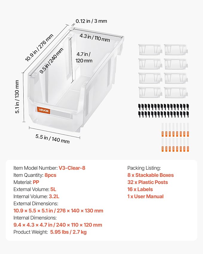 VEVOR Plastic Stackable Storage Bins, 10.9 x 5.5 x 5.1 inch (8 Pack), Plastic Containers for Organizing & Storage Bins for Closet, Garage, Small Parts, Office Supplies, Other Accessories, Transparent