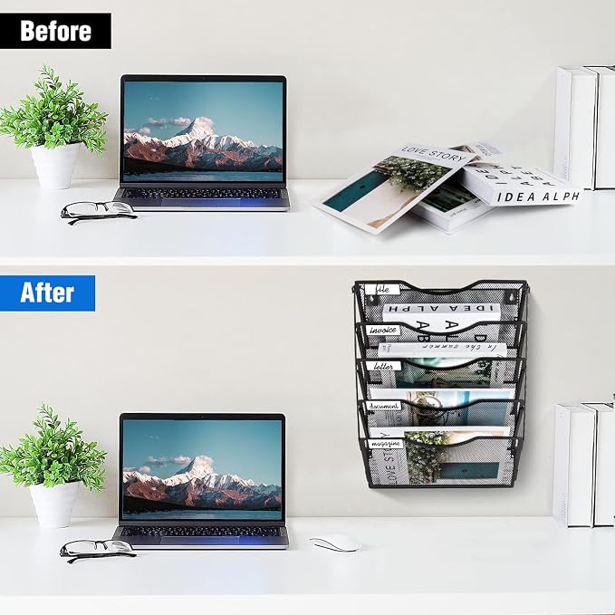 BOHDK Wall File Organizer 5 Pockets, Mail Organizer, Hanging Folder Holder, Foldable | Hanging or Wall Mounted | Label Panel | 2 Hooks | Office Home School Organizer, Black