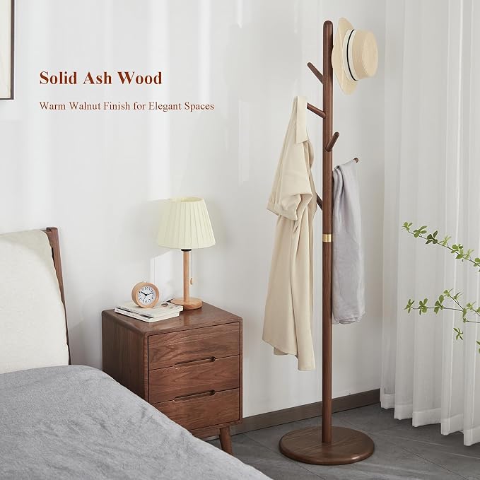 Solid Wood Coat Rack Freestanding 6 Hooks for Entryway Bedroom | Wooden Coat Tree Freestanding For Hats, Handbags, Entryway, Bedroom, Hallway, Gift for Men & Women