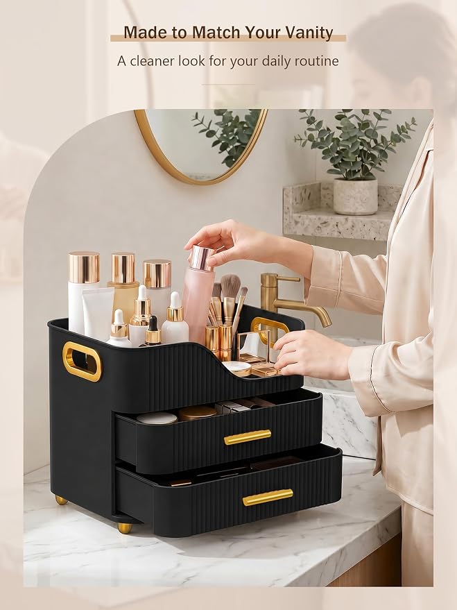 Booklov Large Makeup Organizer for Vanity, Bathroom Countertop, Black | Plastic Cosmetic Display Case with Drawers, Beauty Brush Holder for Dresser Counter Skincare Eyeshadow Lipstick Storage